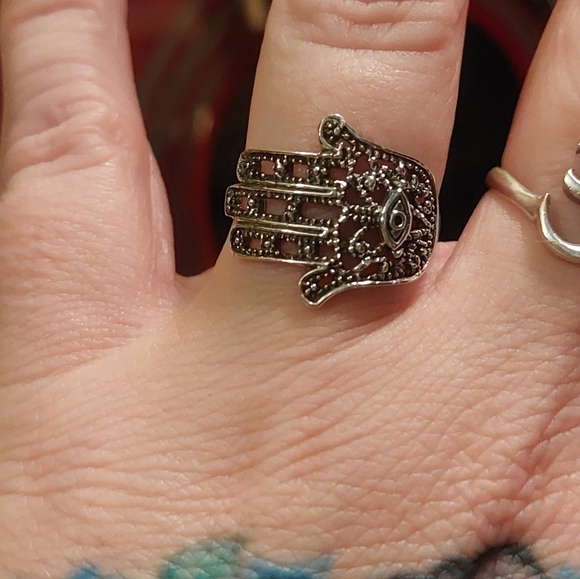 Ornate Hamsa Hand Solid Sterling Silver Ring - Picture 3 of 7